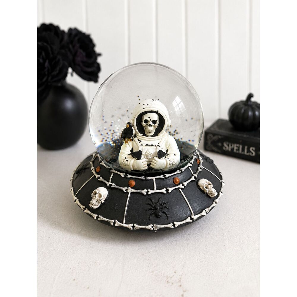 Halloween Skeleton Astronaut Snow Globe Gothic Decor | Skull UFO Globe | 6" Tall